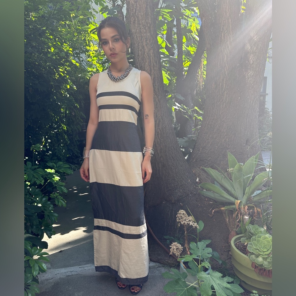 Vintage 90s Kaat Tilley Satin Black and Ecru Striped dress size XS-S